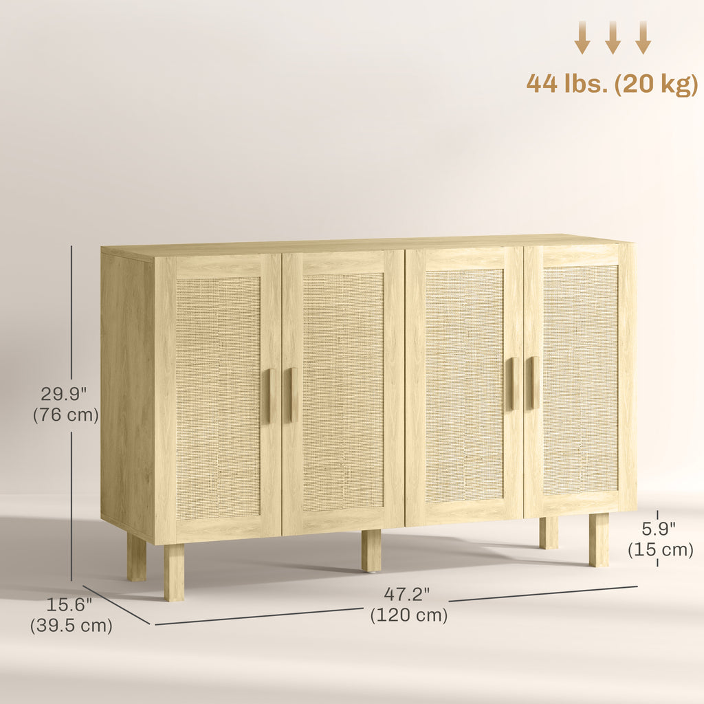 Boho Sideboard Buffet Cabinet, Storage Cabinet with 4 Rattan Doors and Adjustable Shelves, Natural