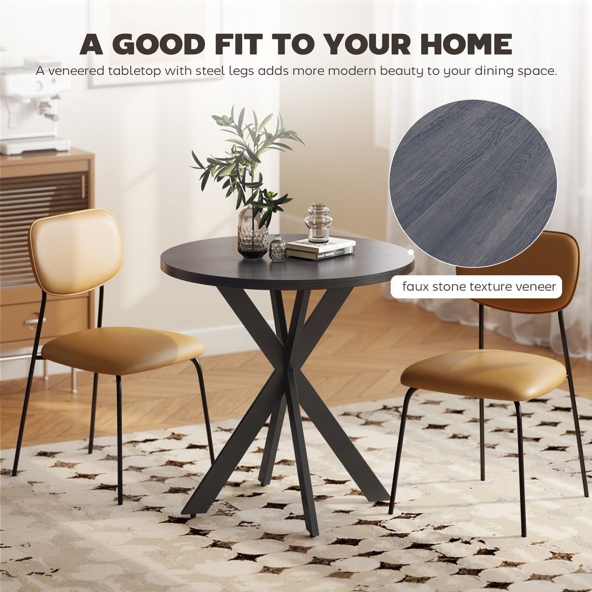 29" Dining Table, Contemporary Round Kitchen Table with Steel Legs, Brown
