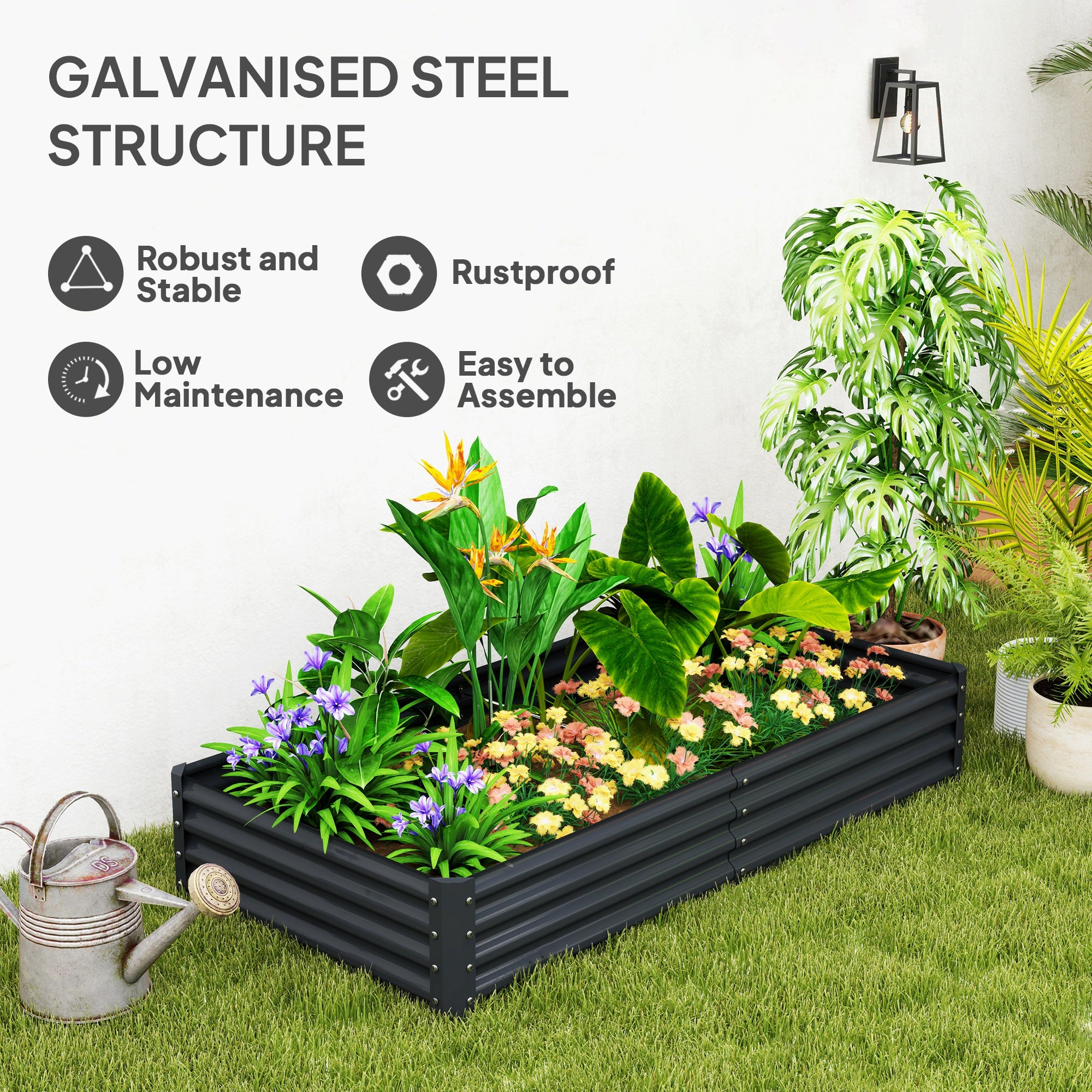 6 x 3 x 1ft Galvanized Raised Garden Bed, Reinforced Outdoor Planter Box with Open Bottom, Dark Grey