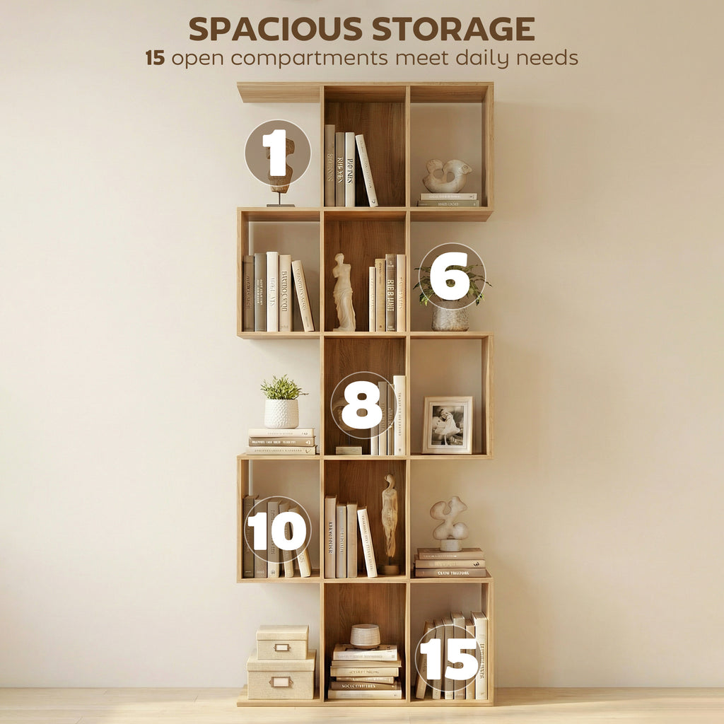 5-Tier Bookshelf, S Shaped Geometric Bookcase with 15 Compartments, Oak