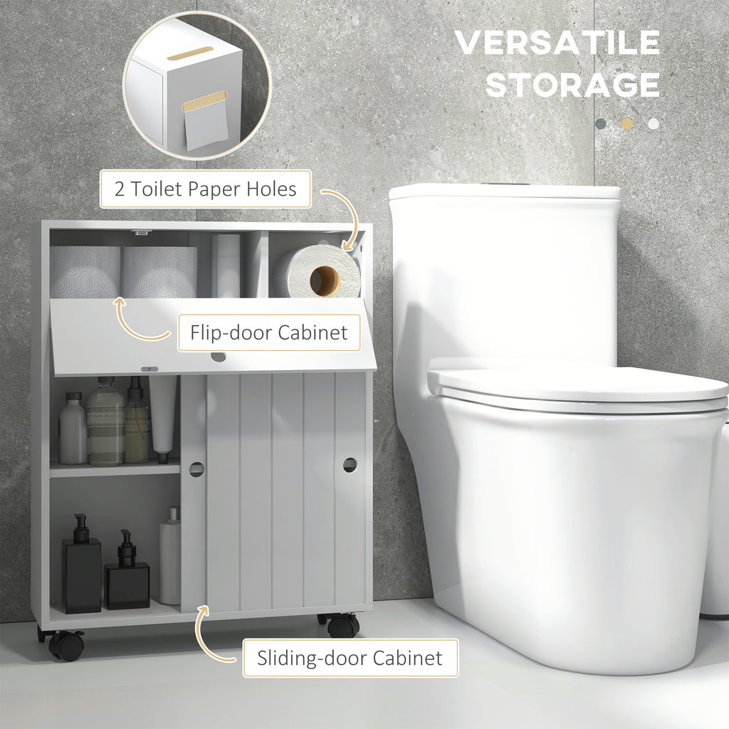 Bathroom Storage Cabinet, Bathroom Cabinet with 4 Rolling Wheels and Paper Holes, 20.5" x 6.75" x 26.5", White