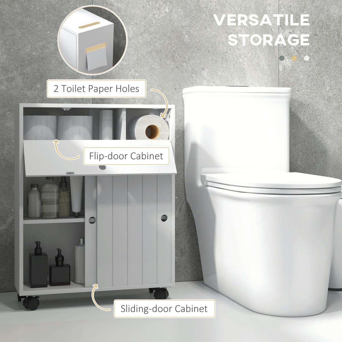 Bathroom Storage Cabinet, Bathroom Cabinet with 4 Rolling Wheels and Paper Holes, 20.5" x 6.75" x 26.5", White