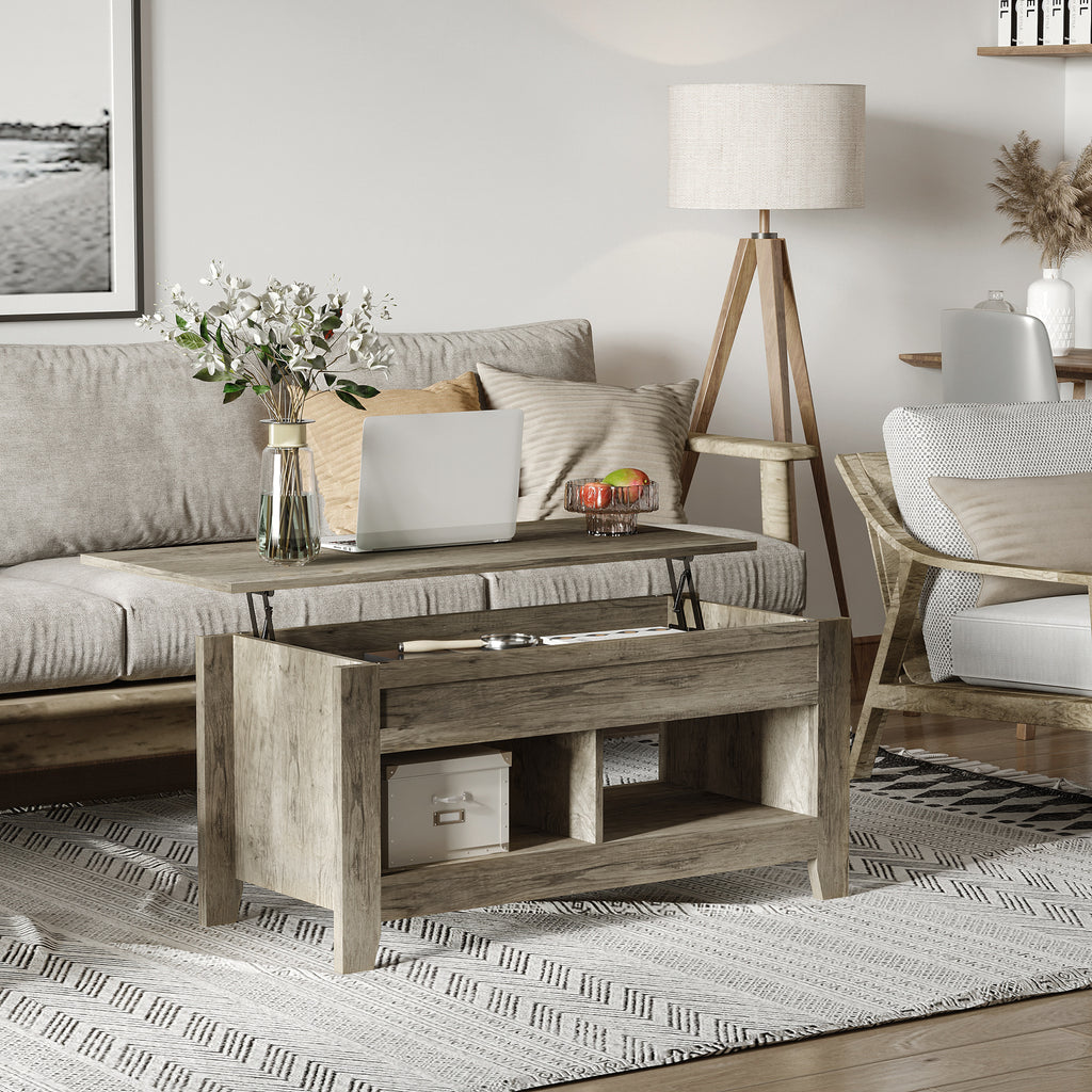 Lift Top Coffee Table with Hidden Storage Compartment and Open Shelves, Lift Tabletop Pop-Up Center Table for Living Room, Oak Effect