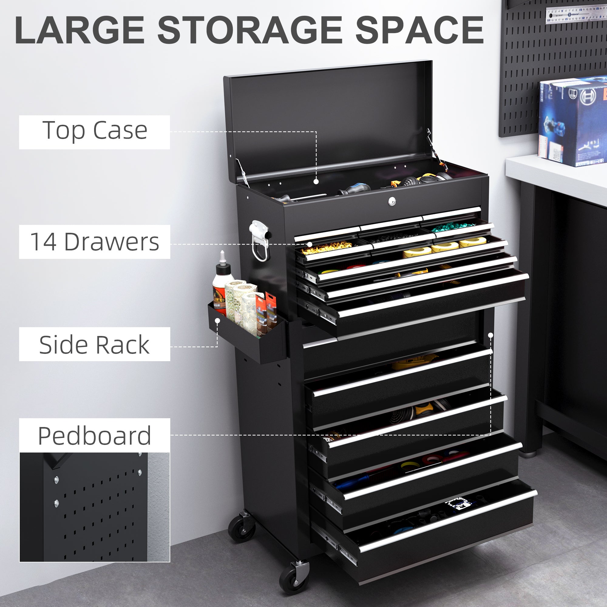 14 Drawer Rolling Tool Chest, Lockable Tool Storage Cabinet with Detachable Top Toolbox, Protective Liner, Black