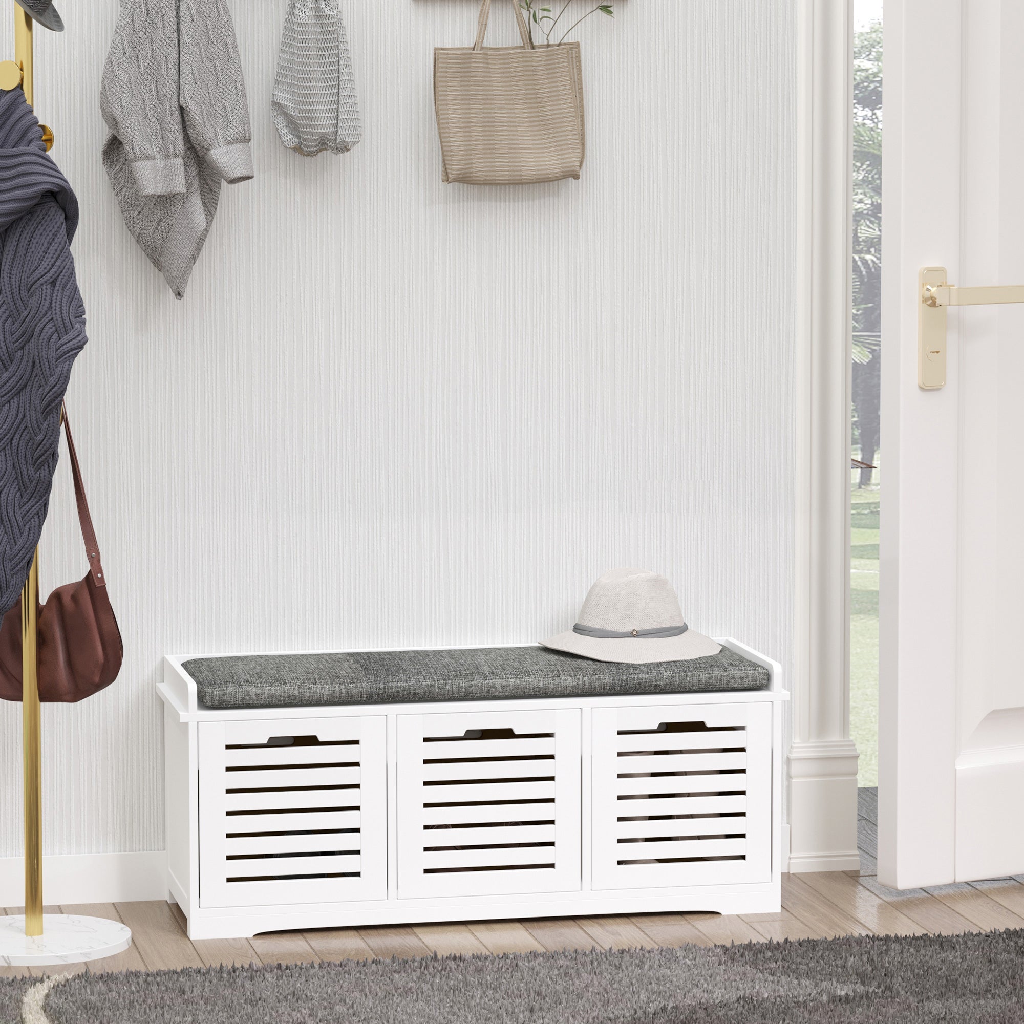 Upholstered Shoe Cabinet Storage Bench with Padded Cushion, with 3 drawer Enough Storage Space Bench Stool for Living Room Entryway Furniture, White