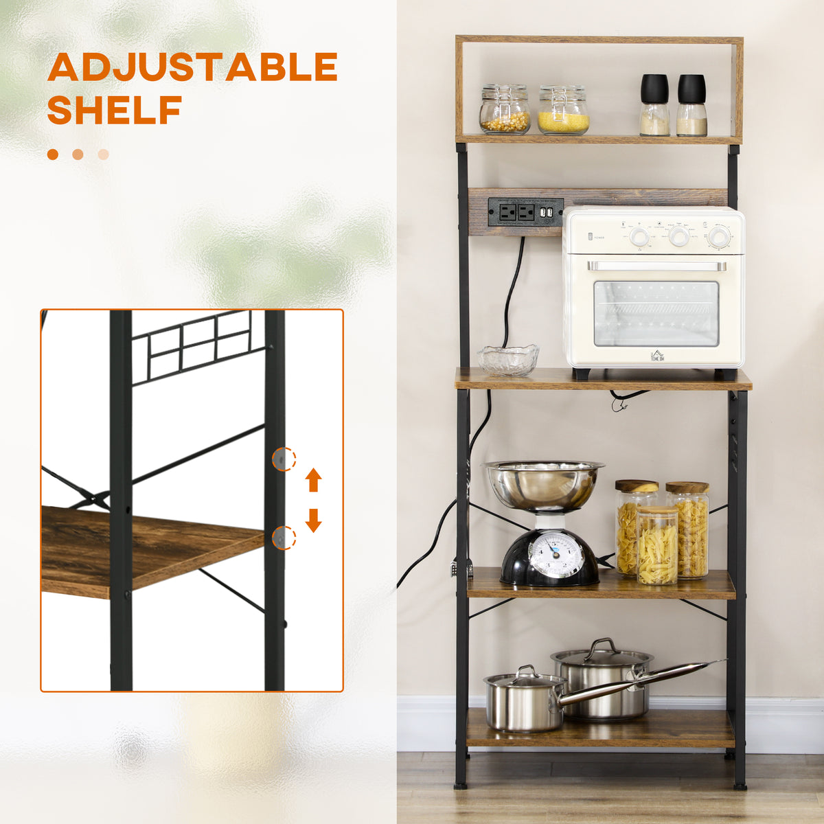 Baker's Rack with Charing Station, Microwave Shelf with Power Outlet, USB Charger and 5 Hooks, Rustic Brown