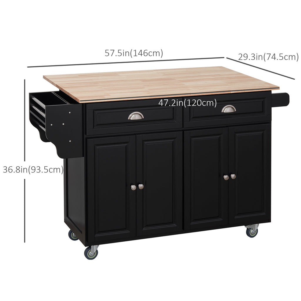 Kitchen Island with Storage, Rolling Kitchen Island with Drop Leaf, Rubber Wood Top and Adjustable Shelves, White