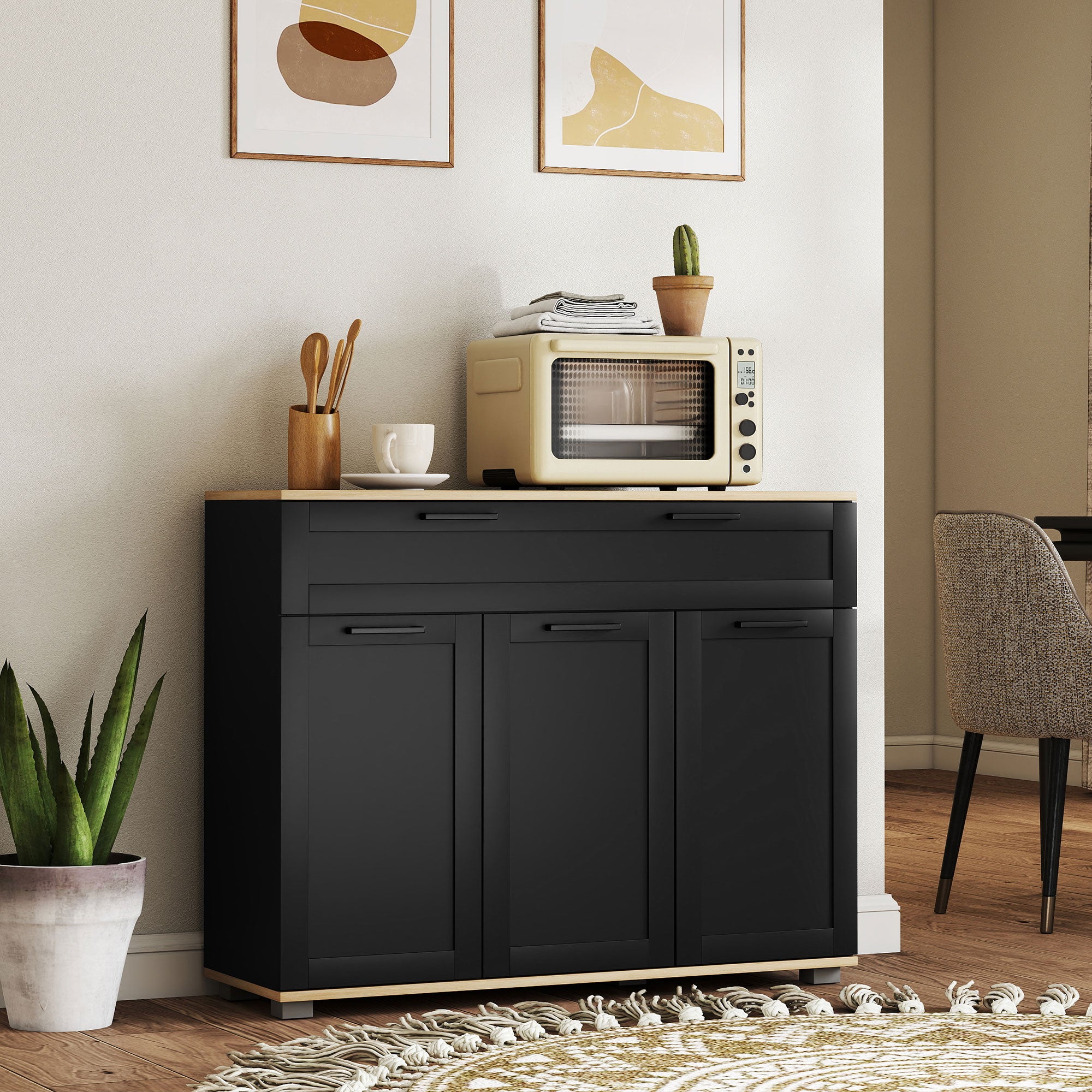 ሳይድቦርድ ቡፌ ካቢኔት፣ ሞደርን 40" ኮፊ ባር ካቢኔት ሰፊሕ መሳልብ ዘለዎ፣ 3 ማዕጾታትን 2 ተስተካከሊ መደርደሪታትን፣ ጻዕዳ