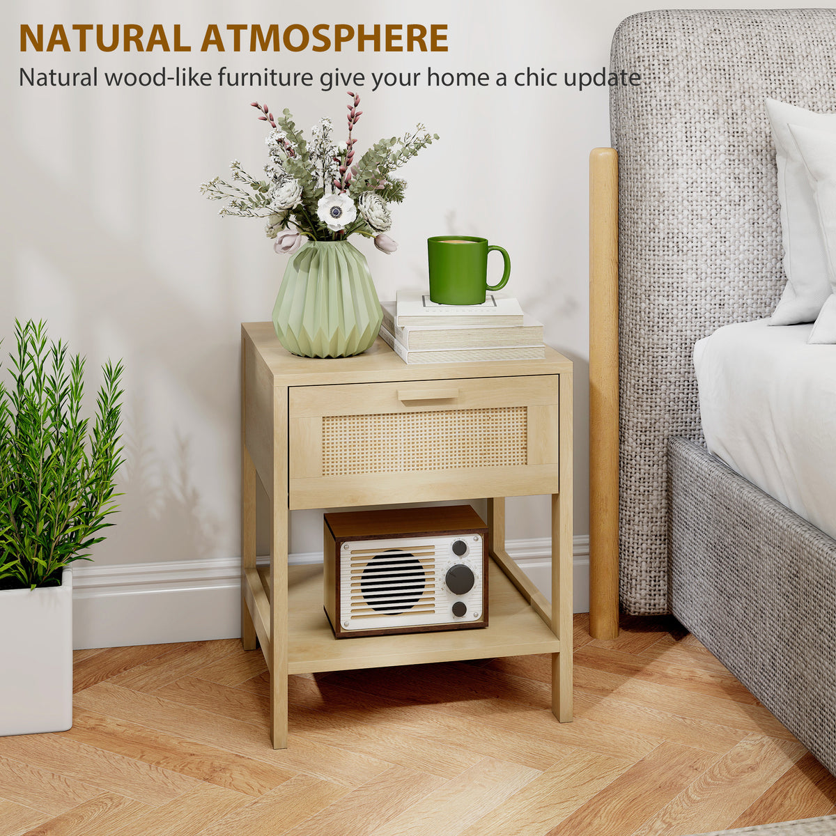Narrow Nightstand with Rattan Elements, Bedside Table with Drawer and Storage Shelf for Bedroom, Set of 2, Natural Wood