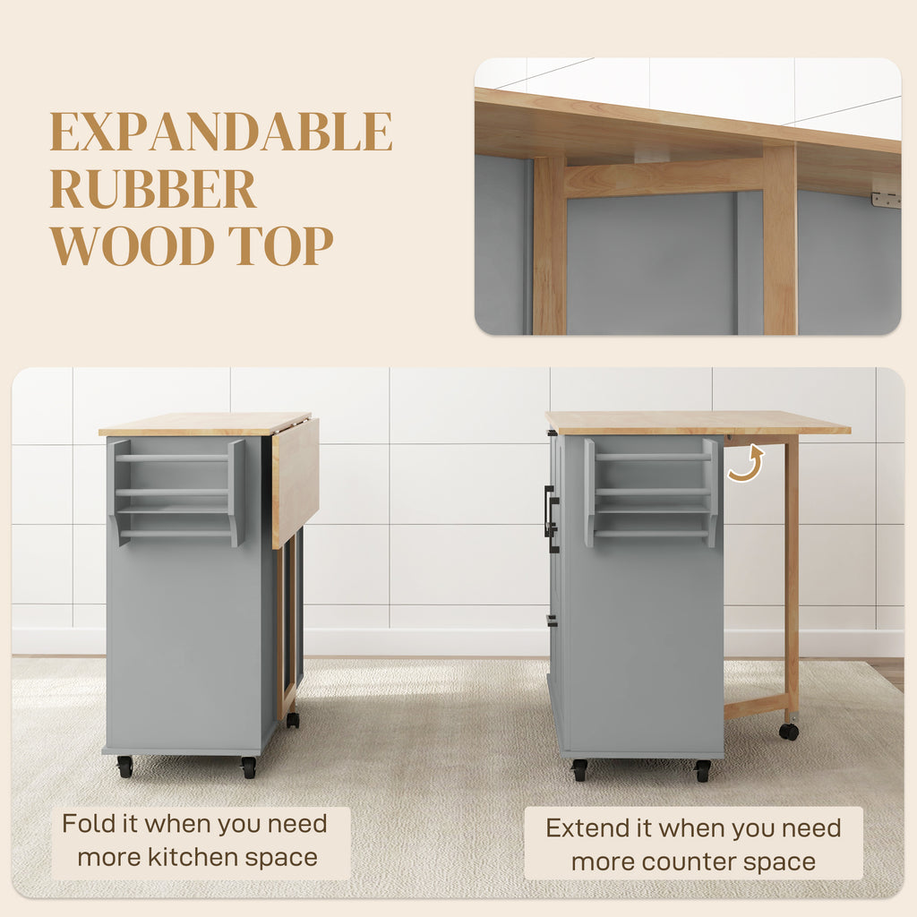 Rolling Kitchen Cart on Wheels with Drop Leaf, Kitchen Island with 3 Drawers, Solid Wood Top and Towel Rack, White