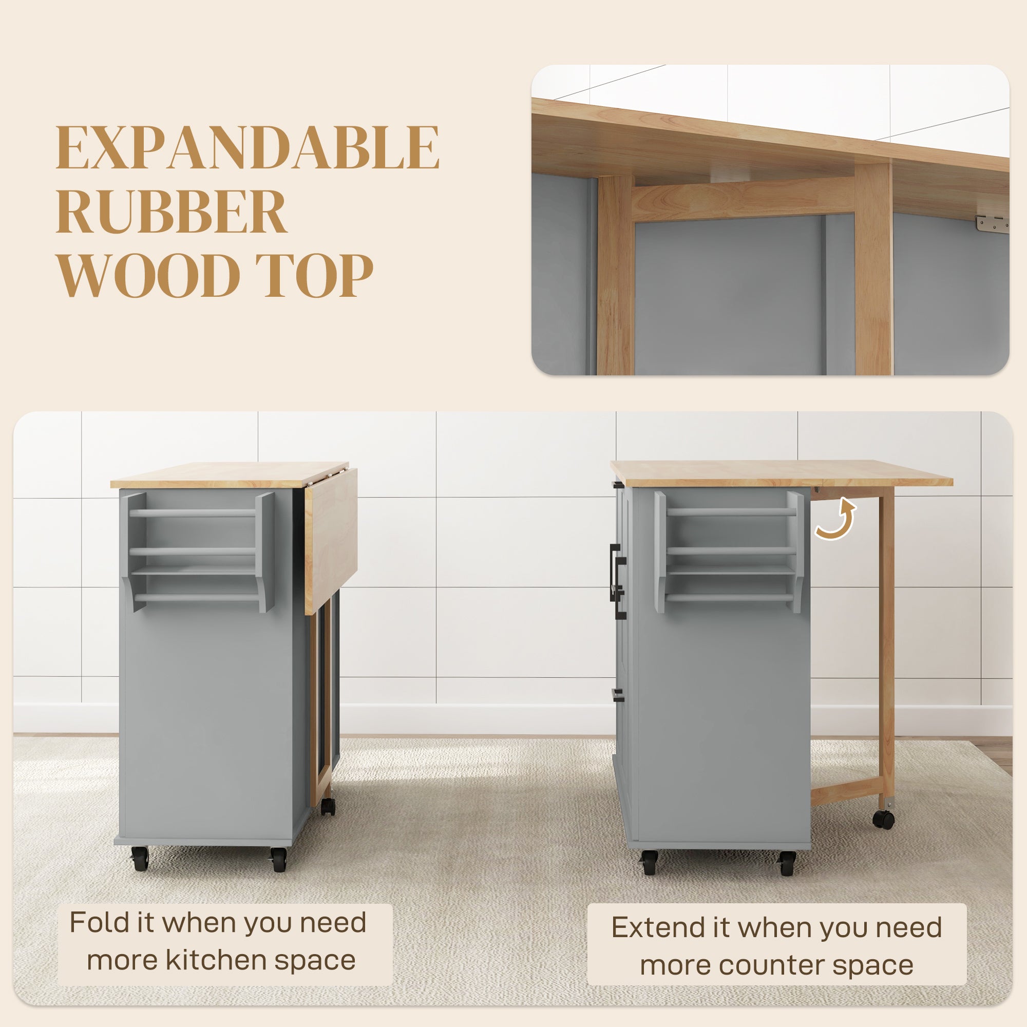 Rolling Kitchen Cart on Wheels with Drop Leaf, Kitchen Island with 3 Drawers, Solid Wood Top and Towel Rack, White