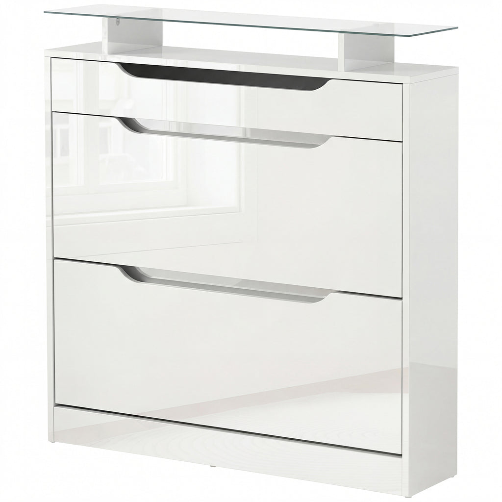 High Gloss Shoe Cabinet with 2 Flip Drawers and Adjustable Shelves, Narrow Shoe Storage Cabinet with Glass Top, White