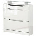 High Gloss Shoe Cabinet with 2 Flip Drawers and Adjustable Shelves, Narrow Shoe Storage Cabinet with Glass Top, White