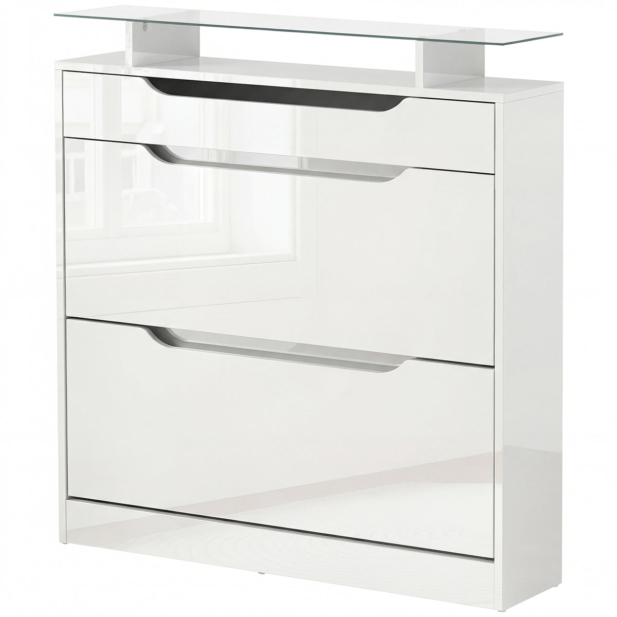 High Gloss Shoe Cabinet with 2 Flip Drawers and Adjustable Shelves, Narrow Shoe Storage Cabinet with Glass Top, White