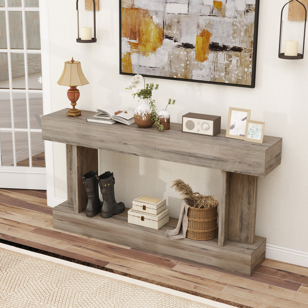 63 Inch Long Console Table, Vintage Narrow Entryway Table with Storage Shelf for Living Room and Hallway, Light Brown