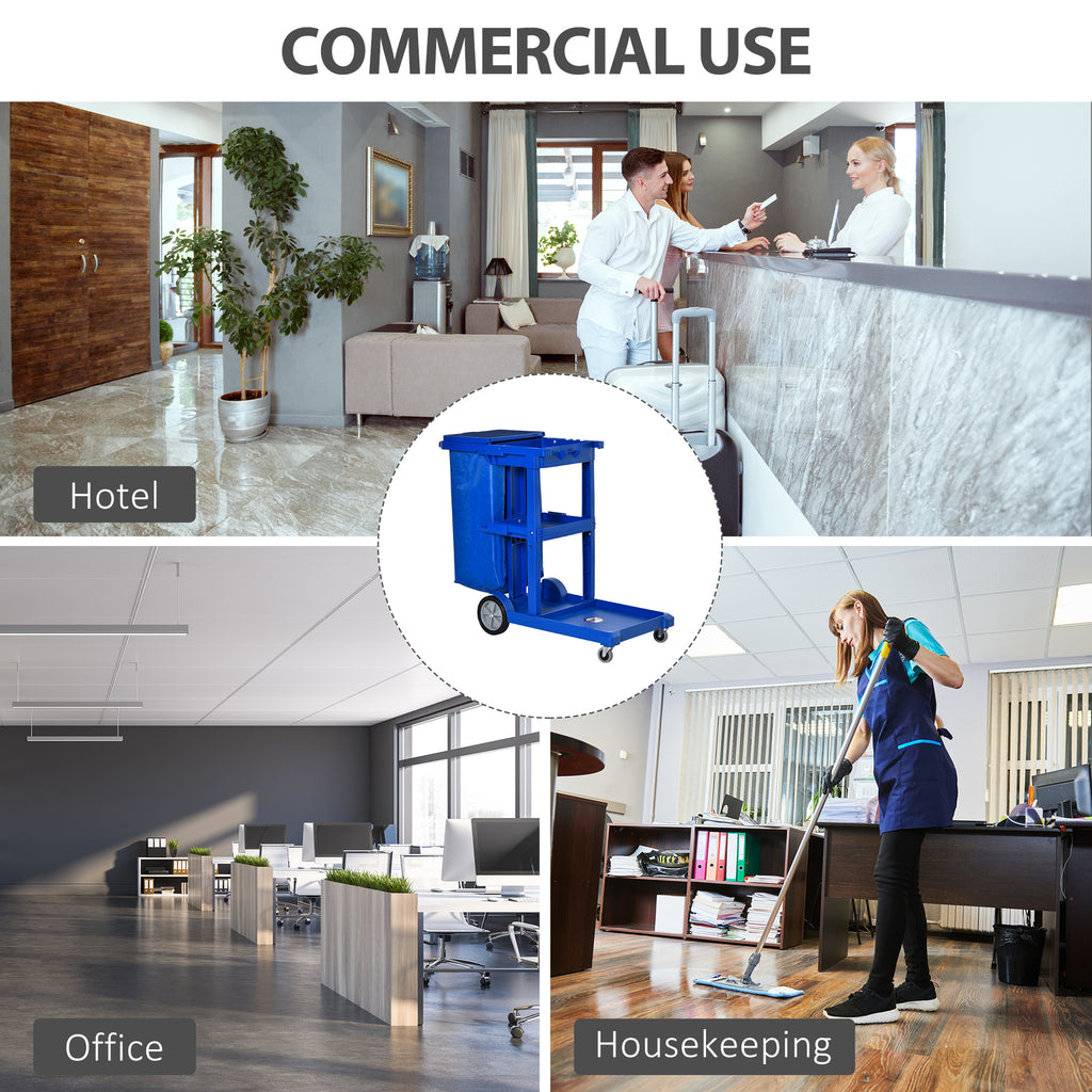 Commercial Janitorial Cart with 3 Tier Shelves, Professional Cleaning Cart with Rubbish Bag with Lid and Mop Mount for Hotel, Restaurant, Office, Blue