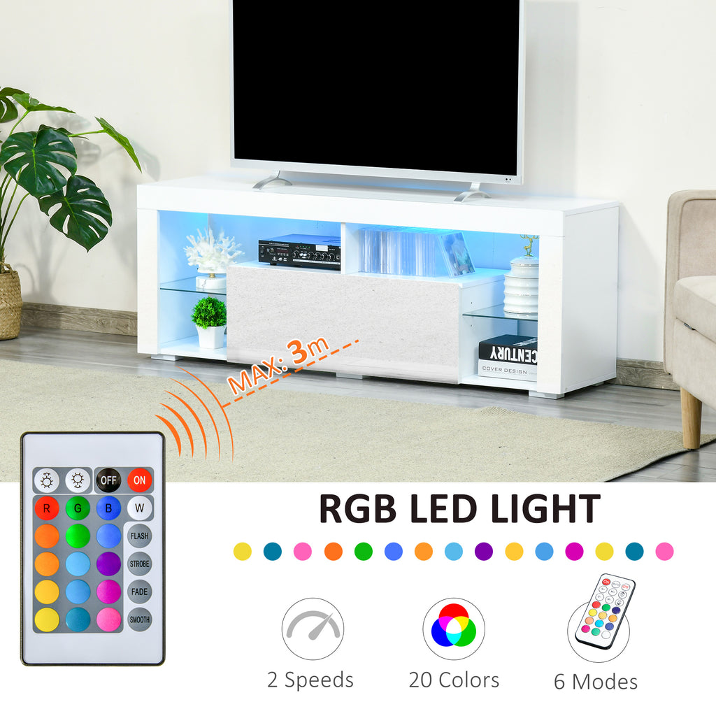 TV Stand for 55-Inch TVs, High Gloss TV Bench with LED Lights, Remote Control, Storage Drawer and Shelves, Entertainment Unit for Living Room, Bedroom, White