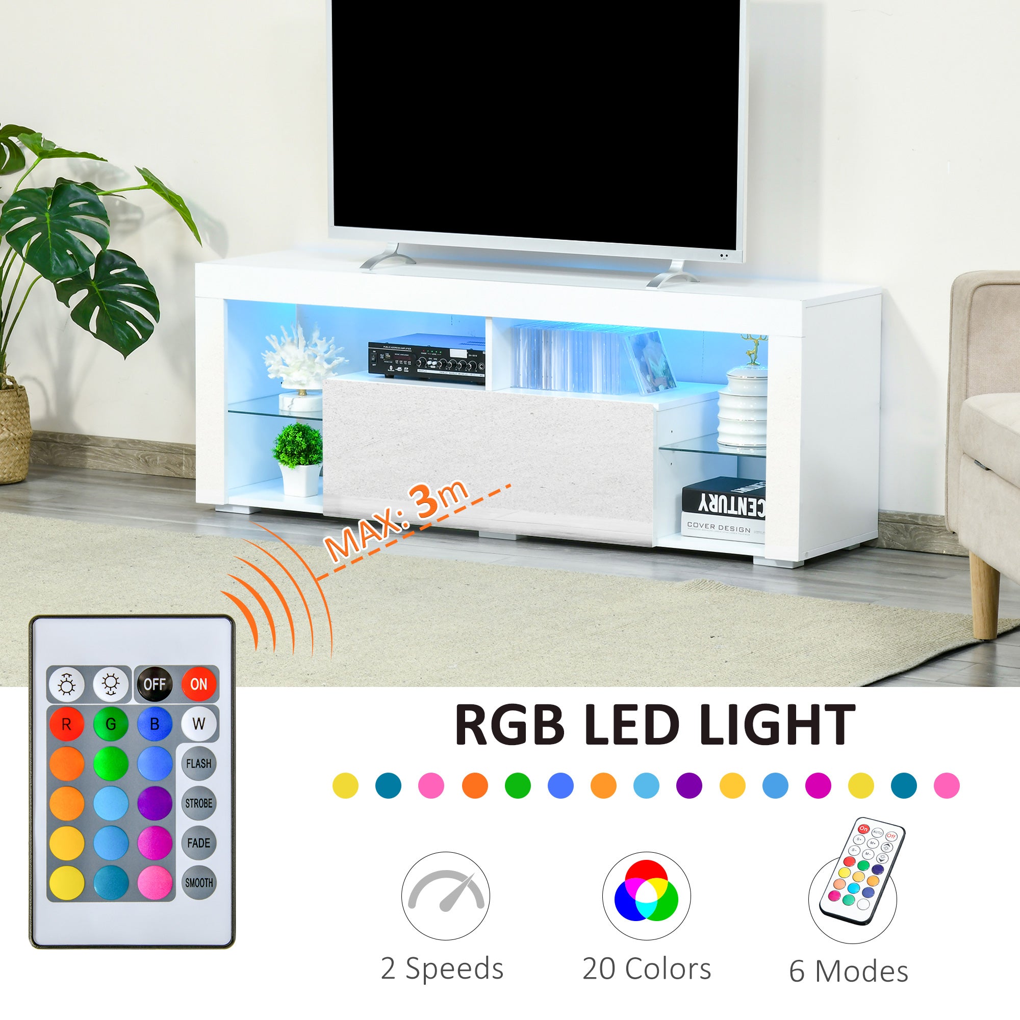 TV Stand for 55-Inch TVs, High Gloss TV Bench with LED Lights, Remote Control, Storage Drawer and Shelves, Entertainment Unit for Living Room, Bedroom, White