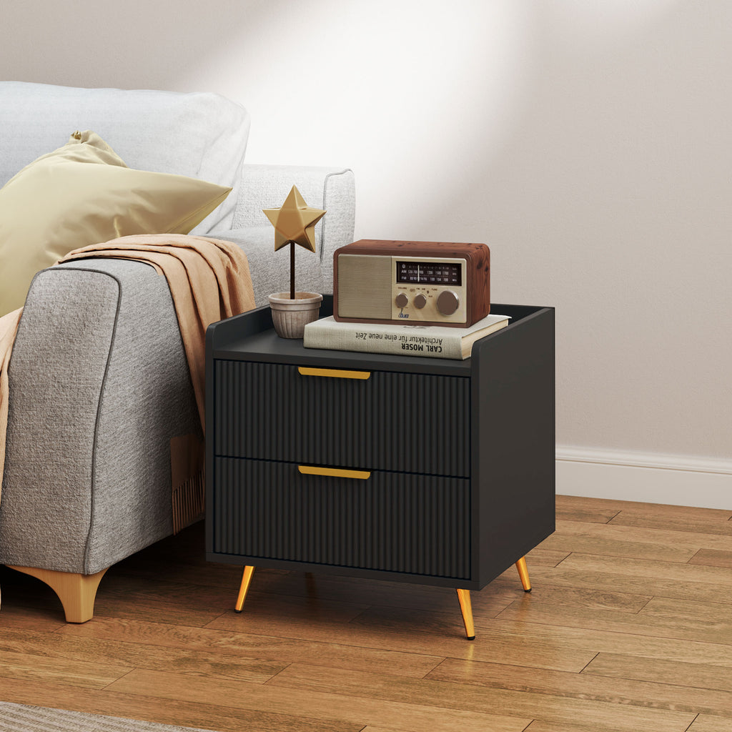 Bedside Table, Nightstand with 2 Drawers, Side End Table with Metal Legs for Bedroom, Black