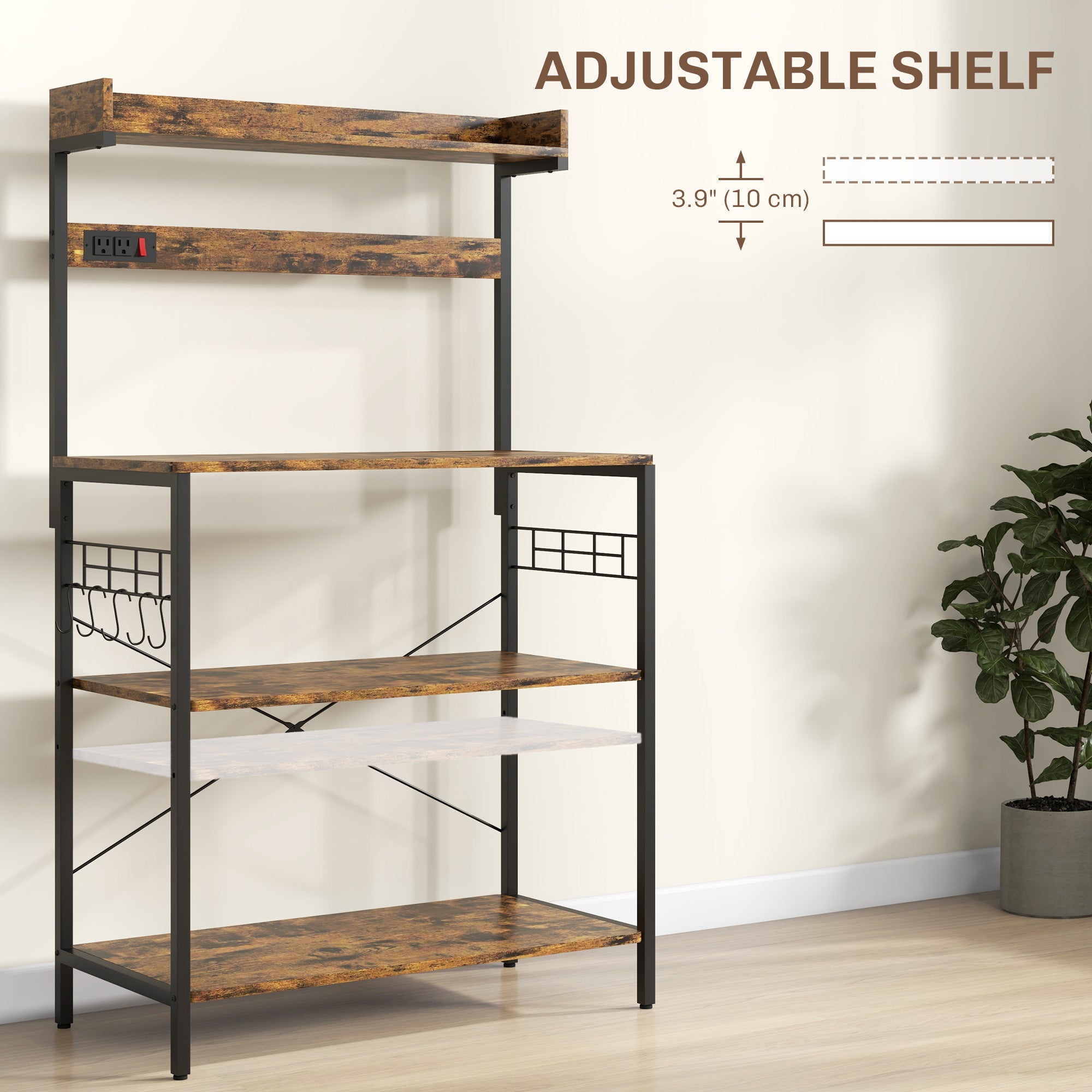 Kitchen Baker's Rack with Power Outlet, Coffee Bar Station with Adjustable Shelves and Hooks, Rustic Brown