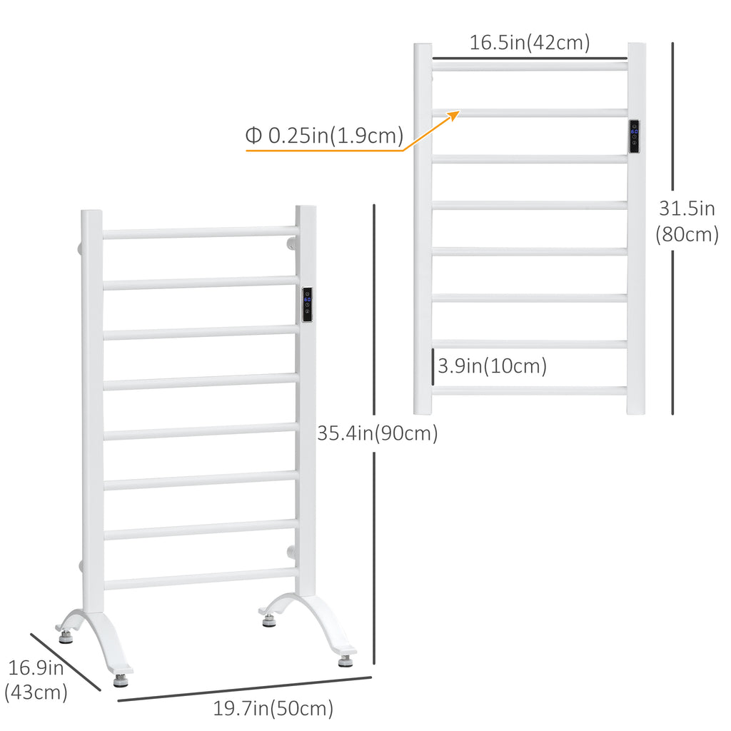 8-Bar Heated Towel Warmer Rack with Built-in Timer and LED Indicators, Wall Mounted & Free Standing Carbon Steel Electric Towel Bar with Adjustable Temperature, White