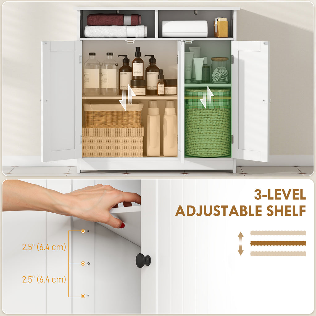 Bathroom Floor Cabinet, Freestanding Bathroom Storage Unit with 3 Doors, 2 Open Shelves and Adjustable Shelf, White