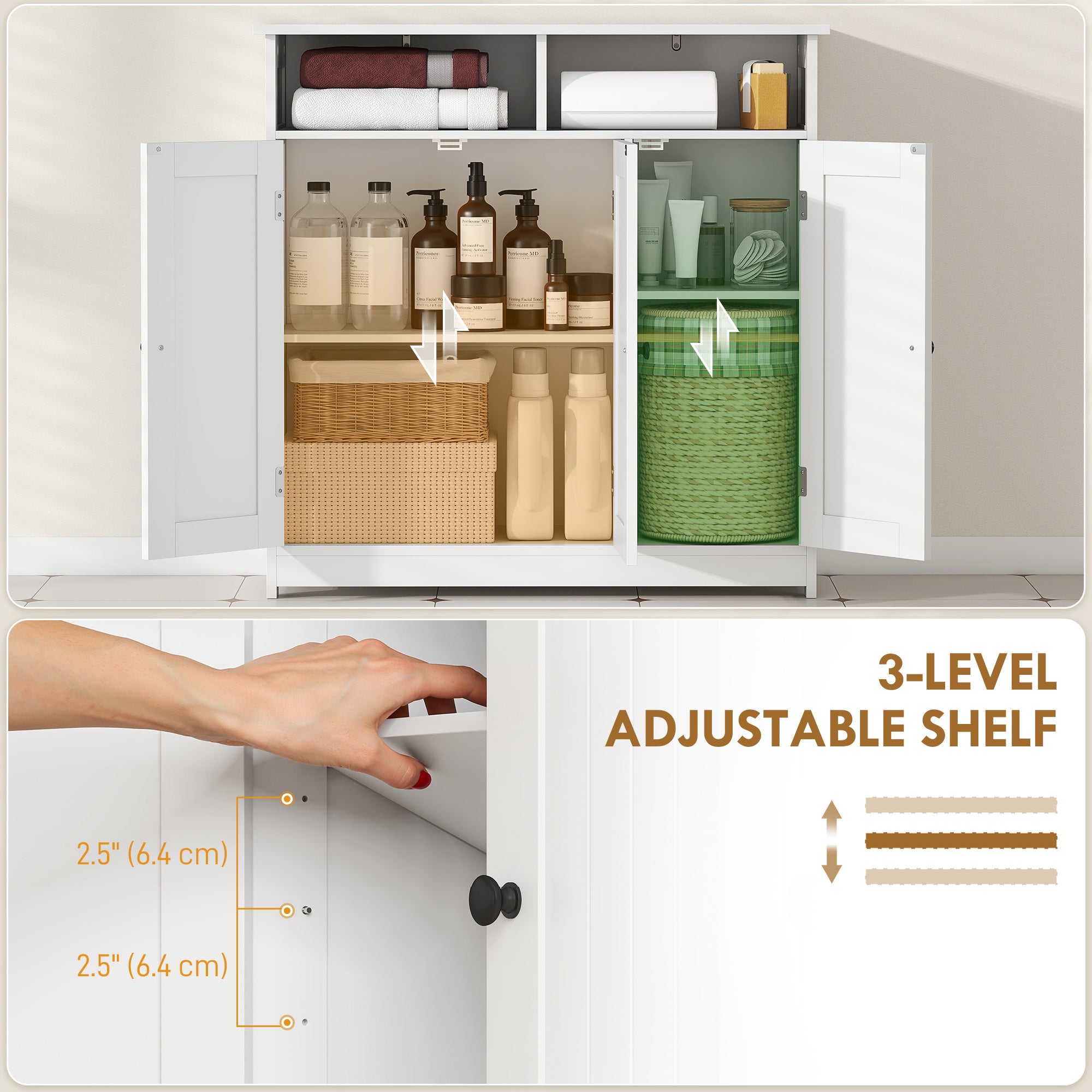 Bathroom Floor Cabinet, Freestanding Bathroom Storage Unit with 3 Doors, 2 Open Shelves and Adjustable Shelf, White