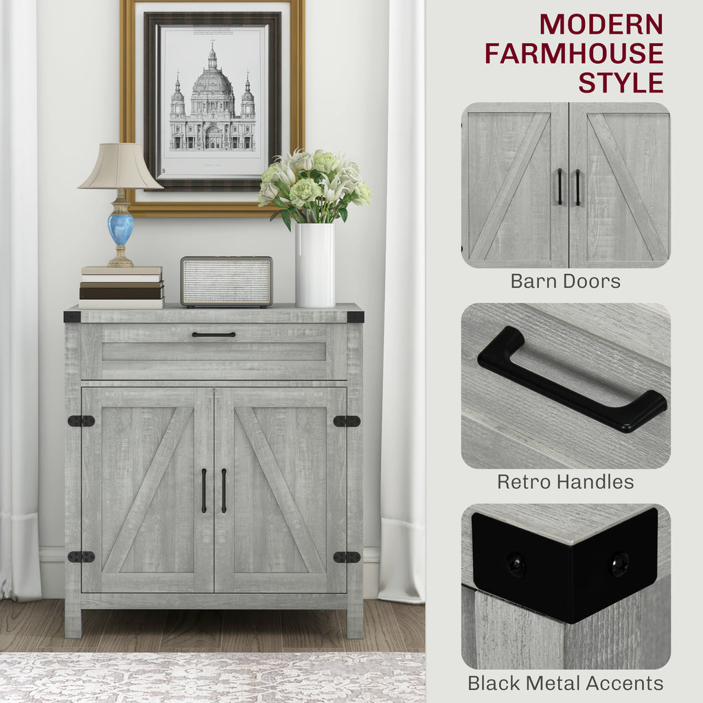 Farmhouse Kitchen Storage Cabinet, Sideboard Buffet Cabinet with 2 Rustic Barn Doors and Drawer, Oak