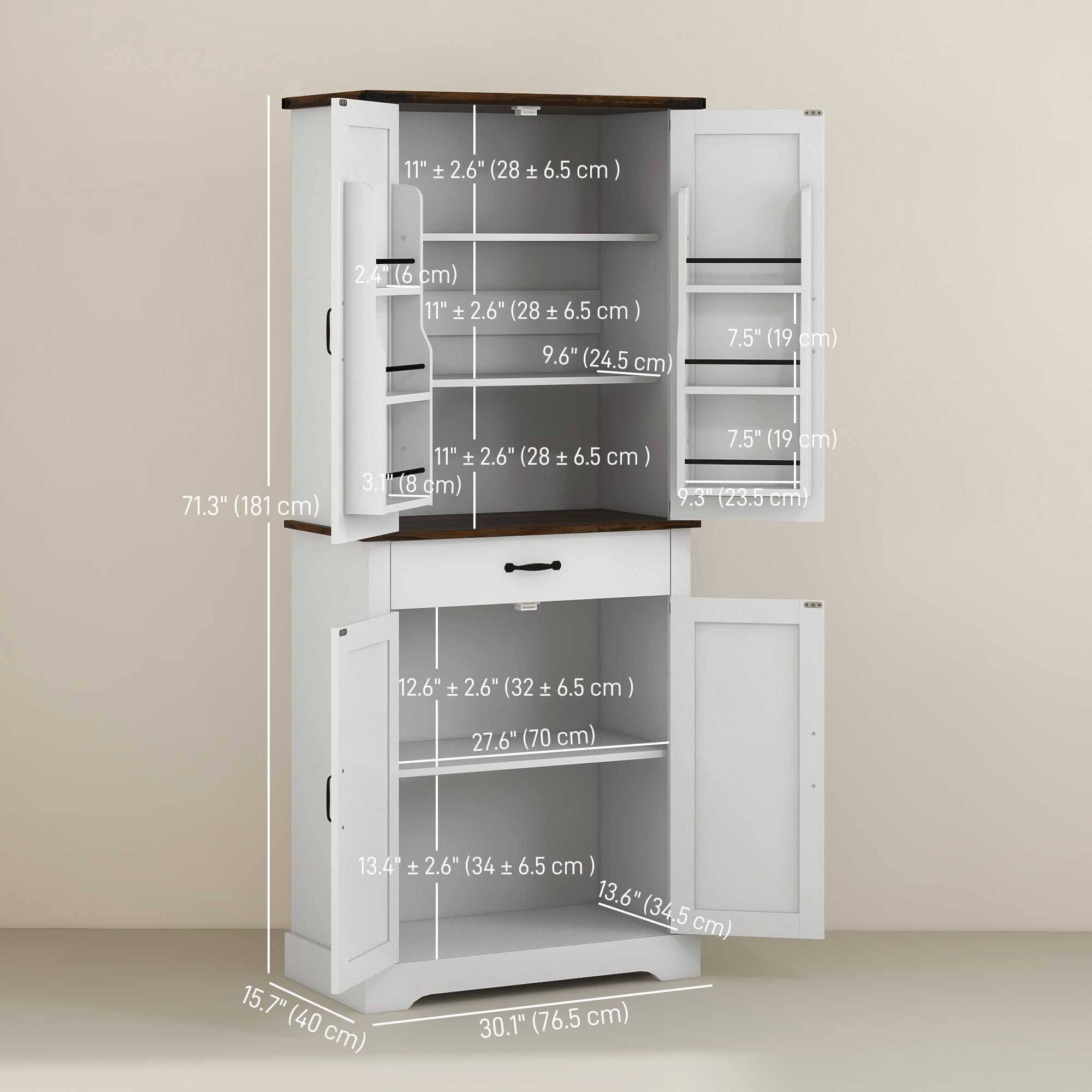 71" Tall Kitchen Cabinet, Farmhouse Pantry Cabinet with Barn Doors, Drawer and Adjustable Shelves, White