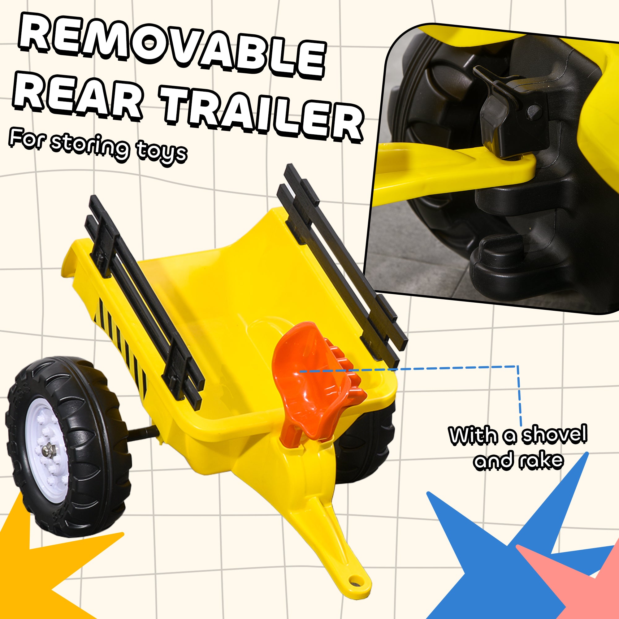 Aosom Ride on Excavator with Back Trailer, Shovel & Rake for 3+ Year Old