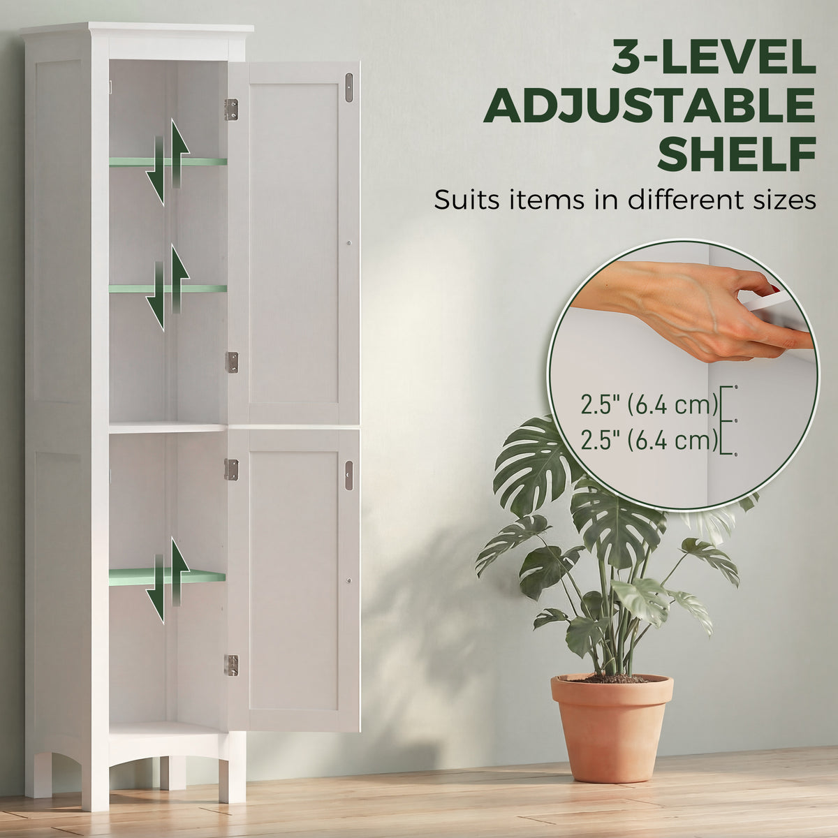 Tall Bathroom Cabinet, Freestanding Storage Organizer with Adjustable Shelves and Cupboards, 15" x 13" x 63", White