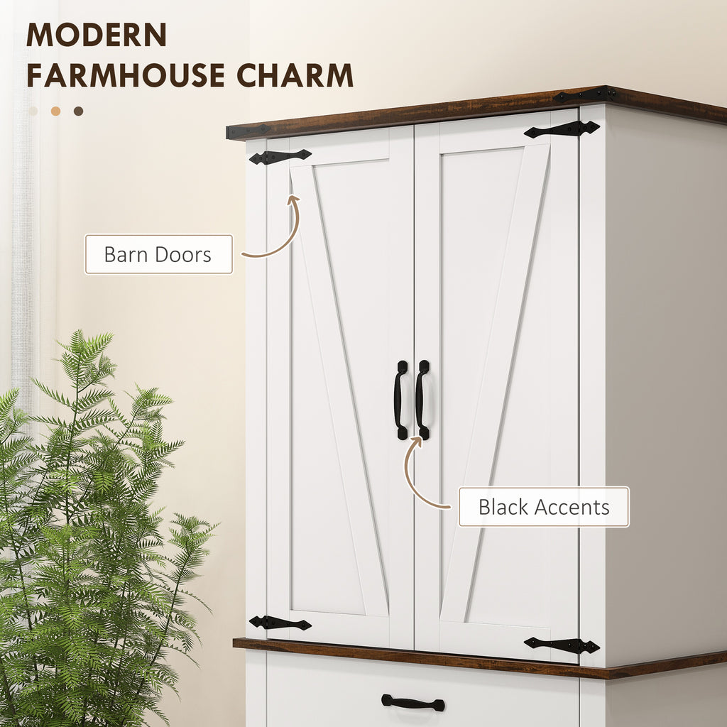 71" Tall Kitchen Cabinet, Farmhouse Pantry Cabinet with Barn Doors, Drawer and Adjustable Shelves, White