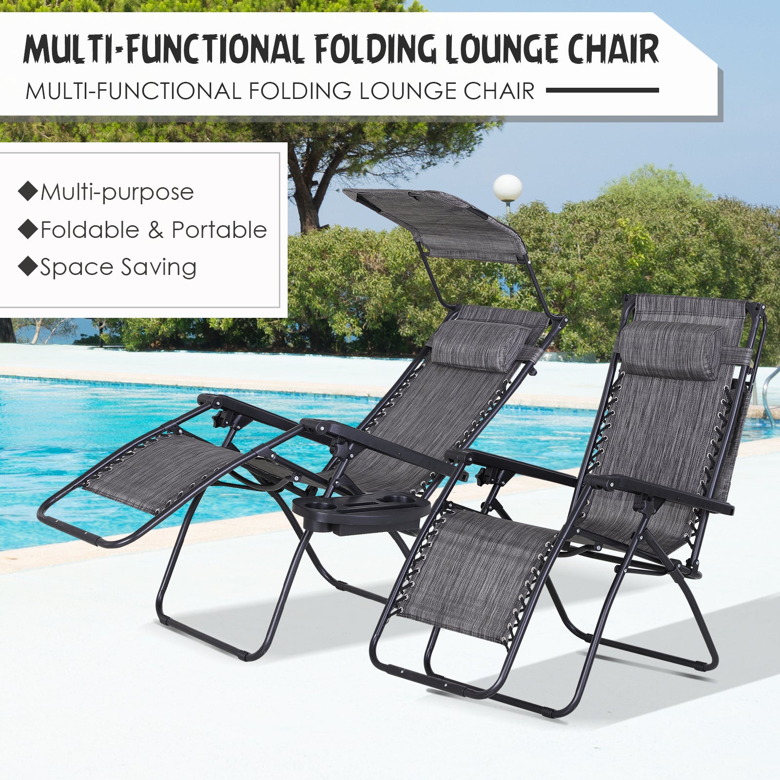Zero Gravity Chair Set of 2 with Canopy Shade, Outdoor Folding Lounge Chair with Side Tray, Cup Holder, Reclining Lounger with Breathable Mesh Seat and Pillow, Dark Grey
