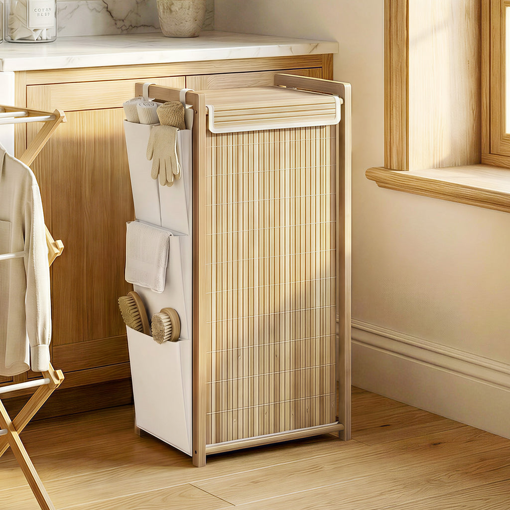 Bamboo Laundry Hamper with Removable Drawstring Bag and Side Storage Pockets, 20 Gal, Natural