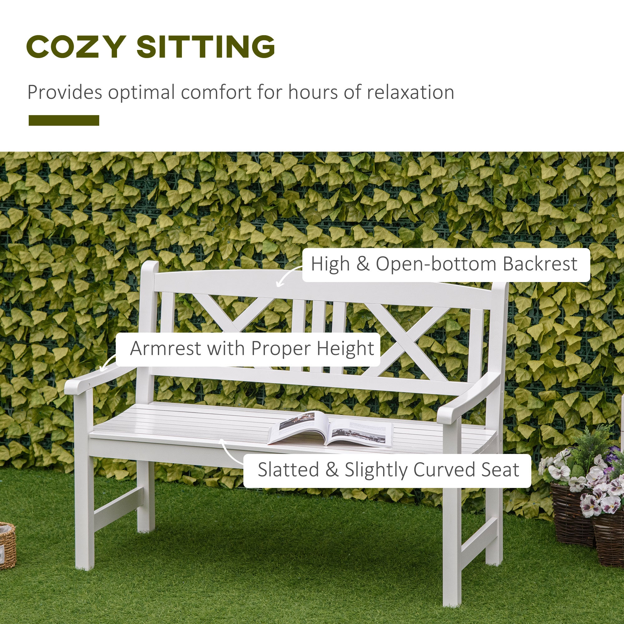 2-Seater Wooden Garden Bench, 4FT Outdoor Patio Loveseat with Unique X-Shape Back for Yard, Lawn, Porch, White