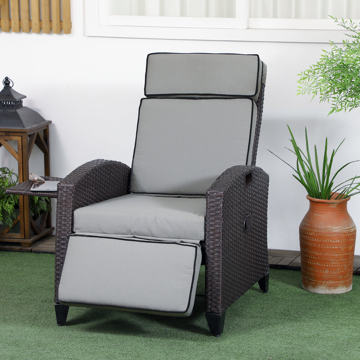 Wicker Recliner Chair with Adjustable Backrest and Footrest, Washable Cushion, Side Tray, Light Grey