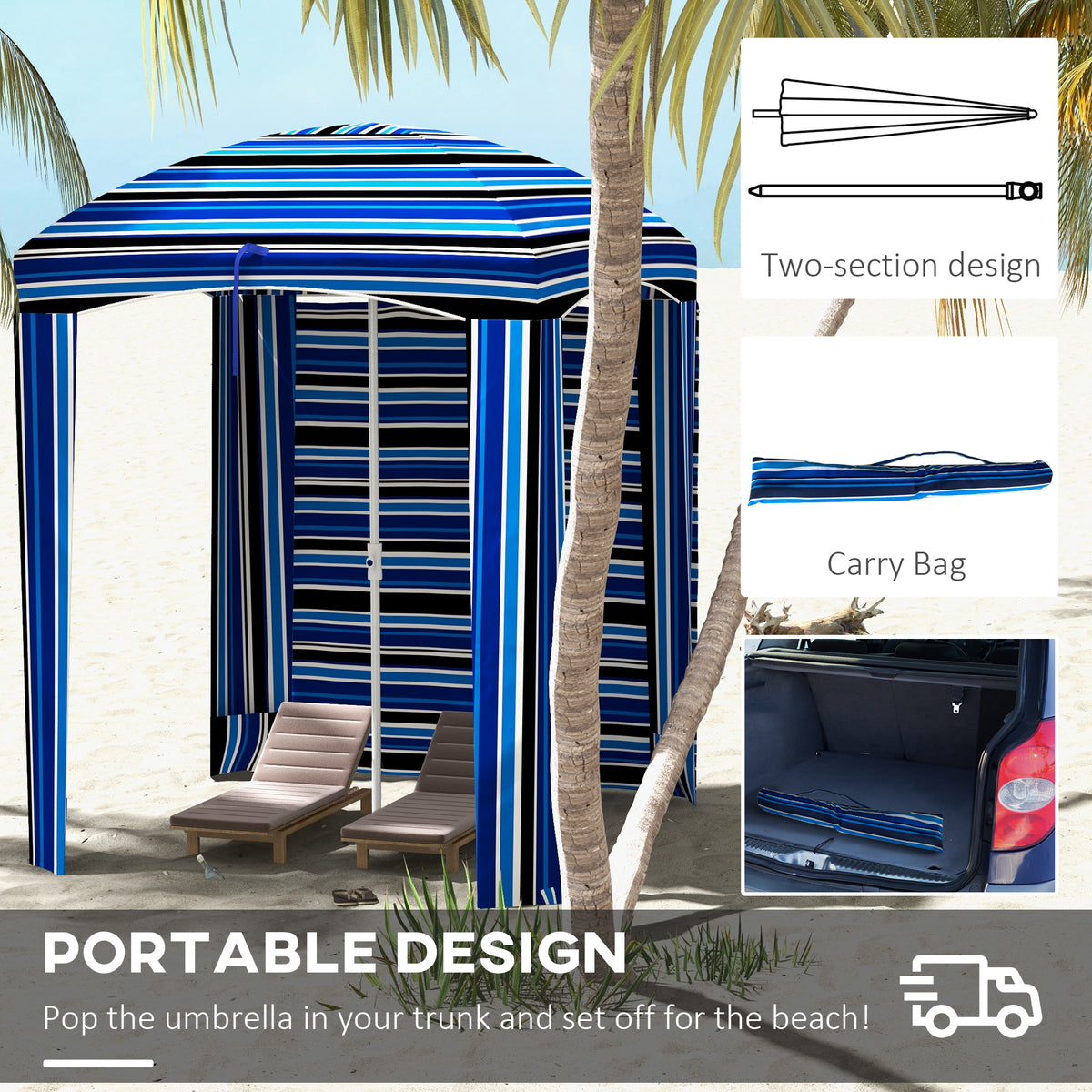 70.1" L x 70.1" W Cabana Umbrella with Walls, Vents, Ruffles, Carry Bag, Beach Umbrella, Blue White Stripe
