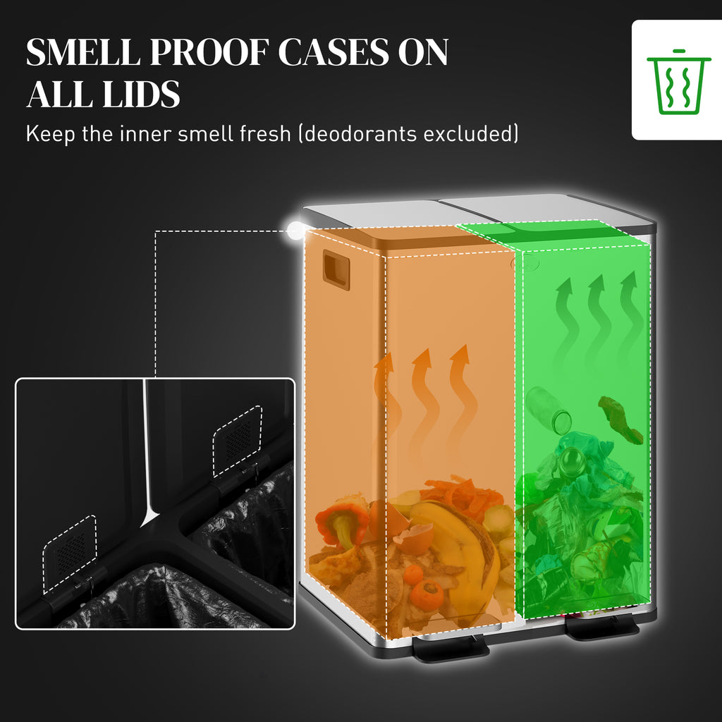 سلة مهملات، سلة قمامة بغطاء ناعم الإغلاق مع دواسة قدم، سلة مهملات بسعة 2 × 4 جالون (2 × 15 لتر) مع دلاء داخلية قابلة للإزالة، فضي