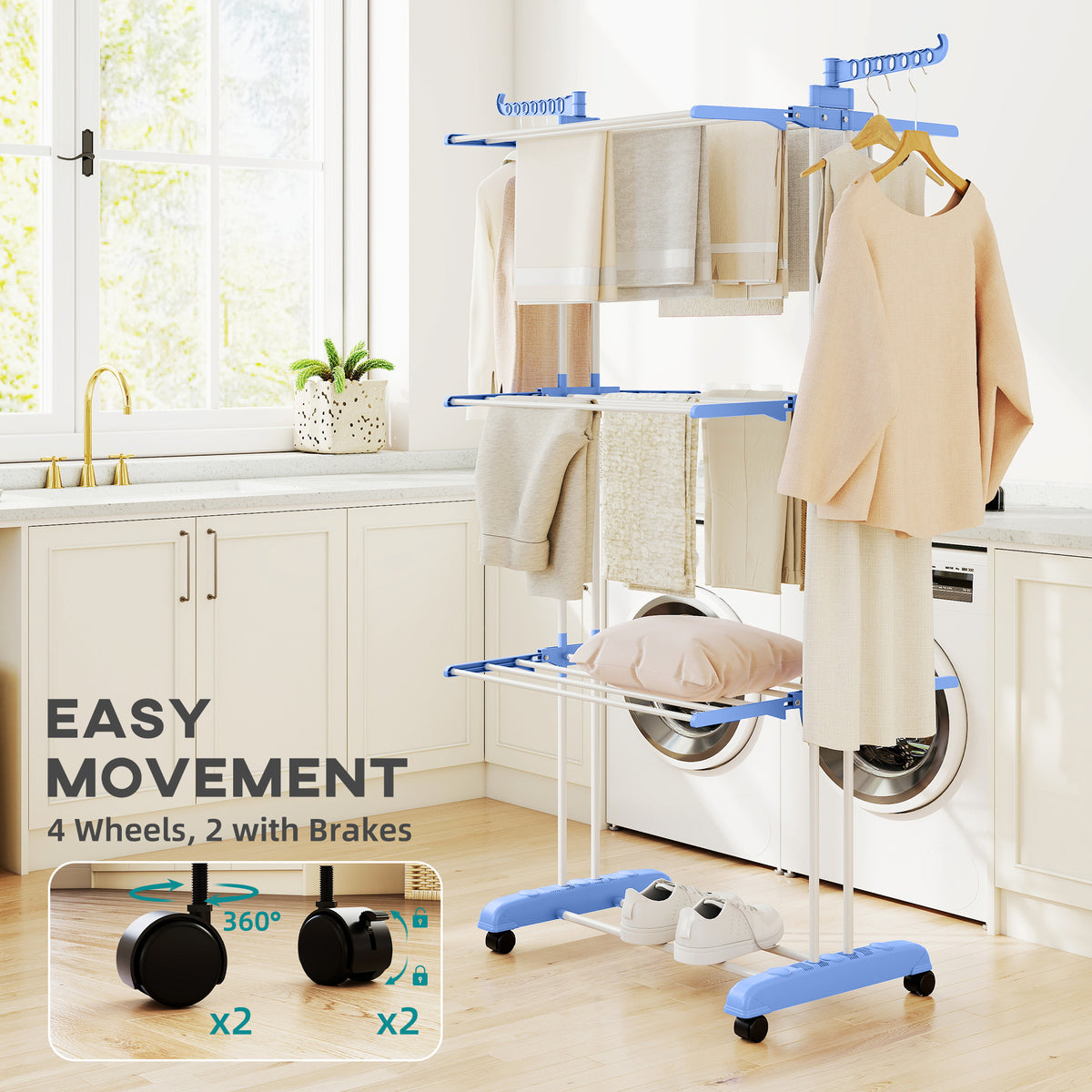 Foldable Clothes Drying Rack, 4-Tier Steel Laundry Rack for Drying Clothes with 2 Side Wings and 4 Castors, Indoor and Outdoor Use, Black