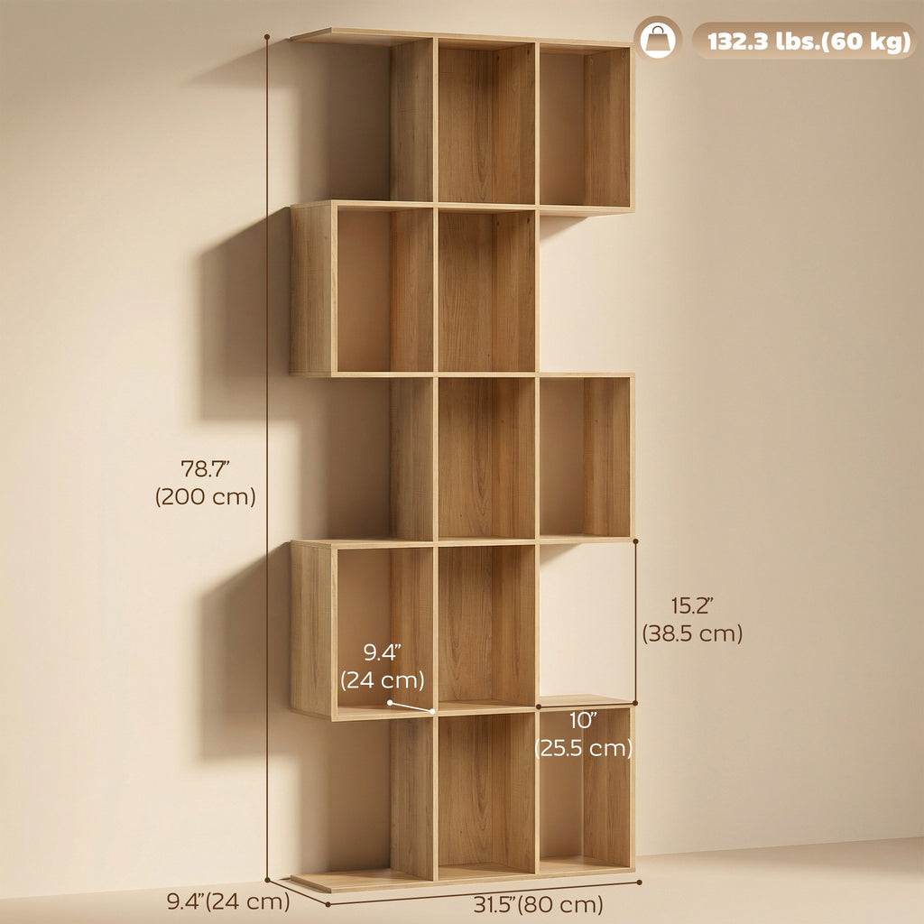 5-Tier Bookshelf, S Shaped Geometric Bookcase with 15 Compartments, Oak