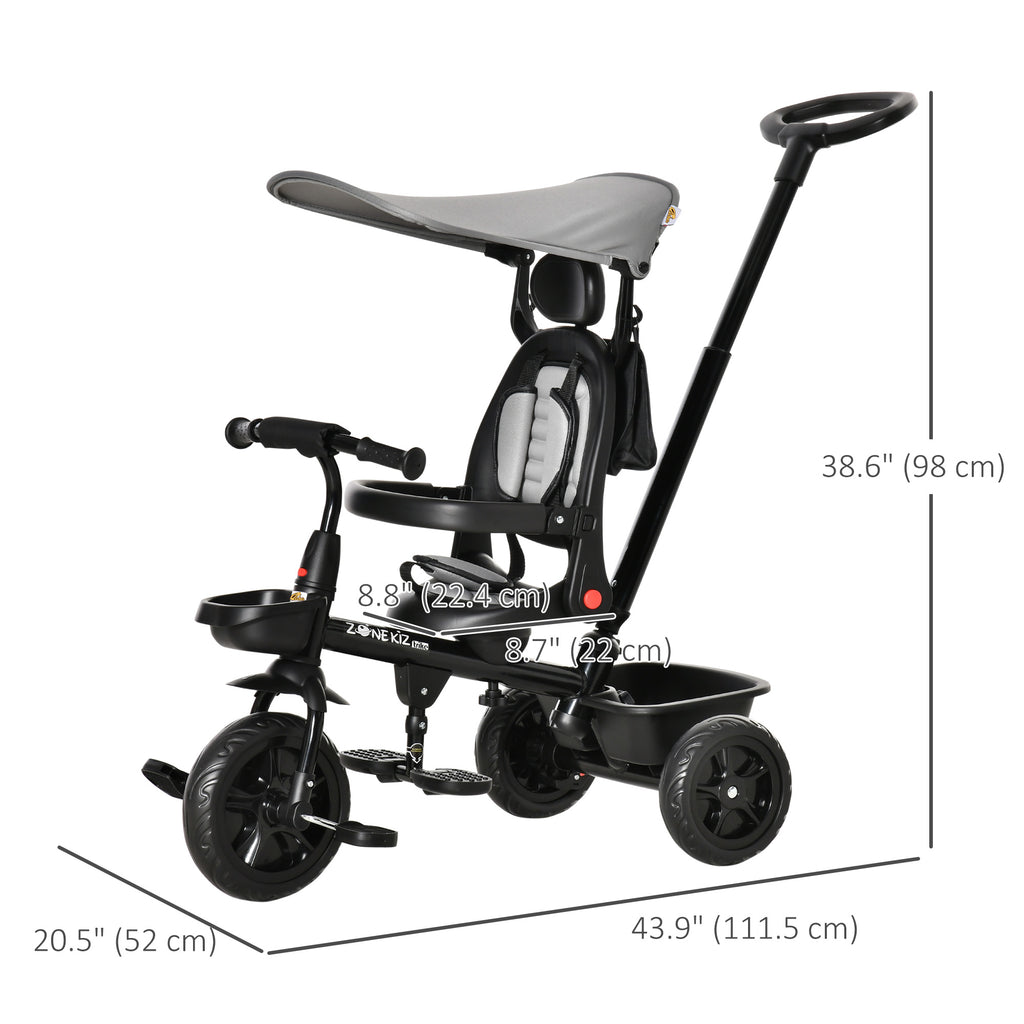 Qaba Tricycle for Toddler 5 in 1 Kids Trike, Converts Stroller to Toddler Bike, Adjustable Backrest & Flat Canopy, Detachable Guardrail & Handle for 1-5 Years Old, Grey