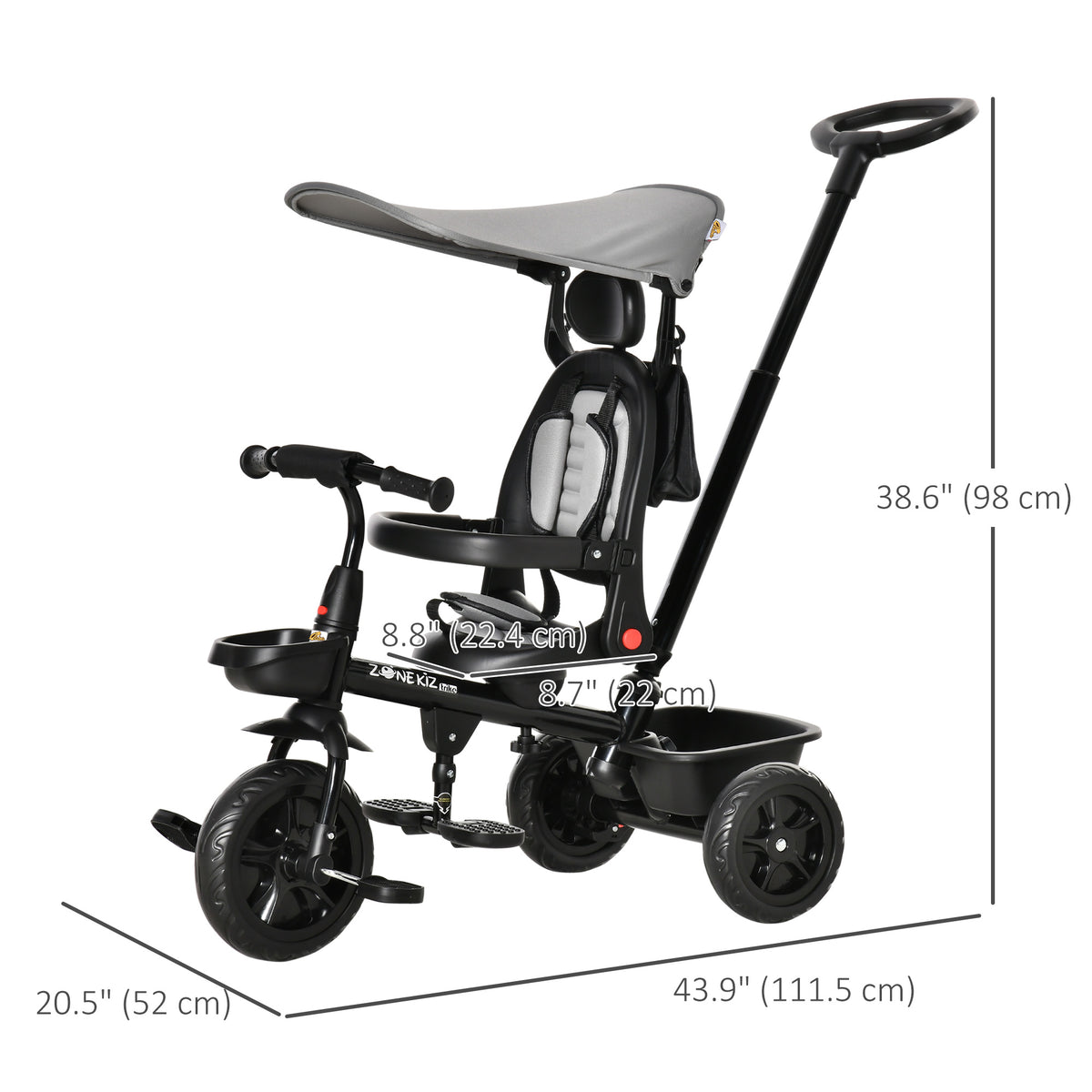 Qaba Tricycle for Toddler 5 in 1 Kids Trike, Converts Stroller to Toddler Bike, Adjustable Backrest & Flat Canopy, Detachable Guardrail & Handle for 1-5 Years Old, Grey
