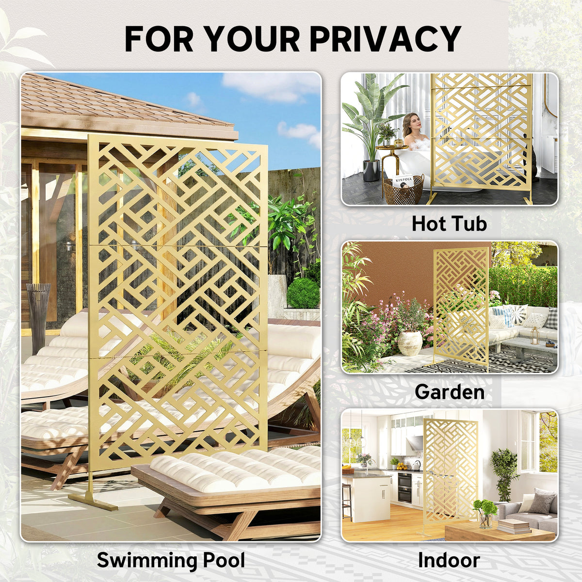 Metal Outdoor Privacy Screen, Freestanding Outdoor Divider with Stand, 79" x 47", Gold