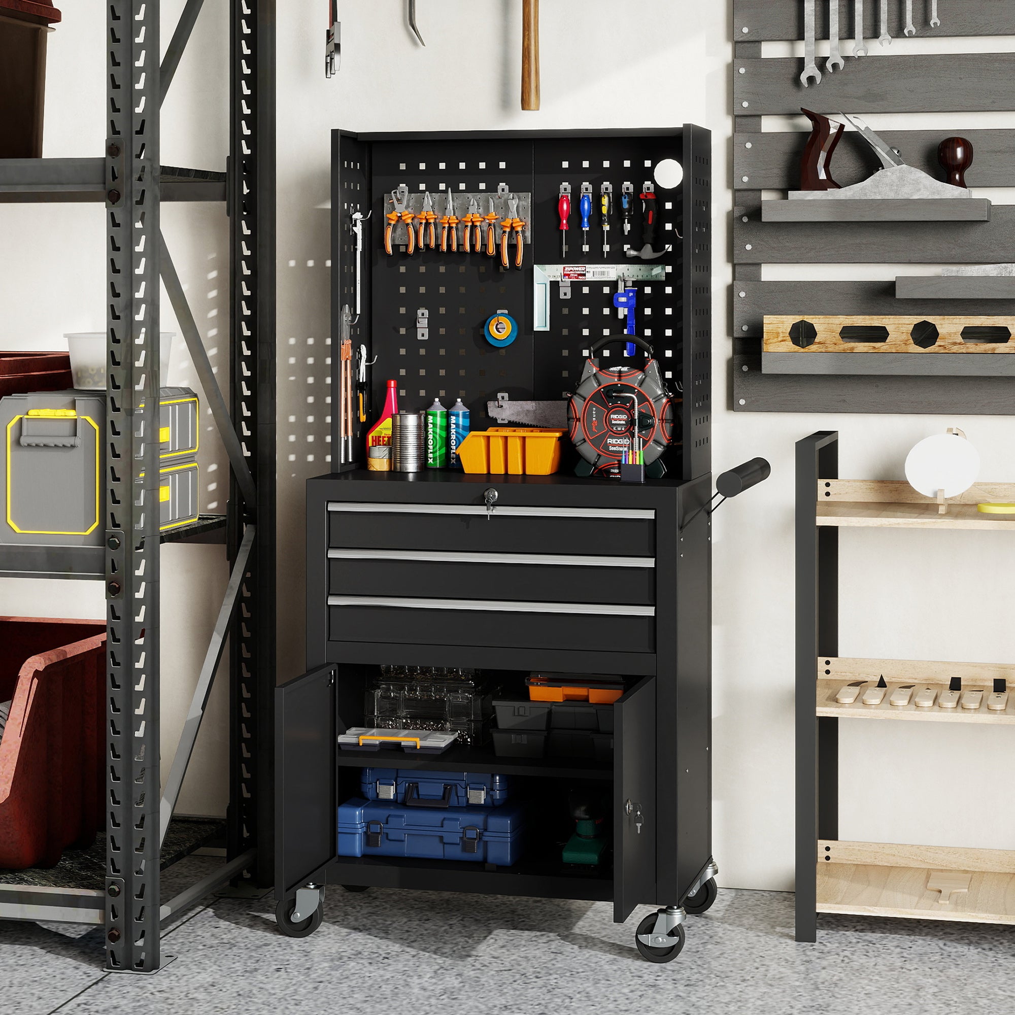 Rolling Tool Cabinet with Pegboard, Lockable Tool Chest, Mobile Tool Storage Organizer for Garage and Workshop, Black