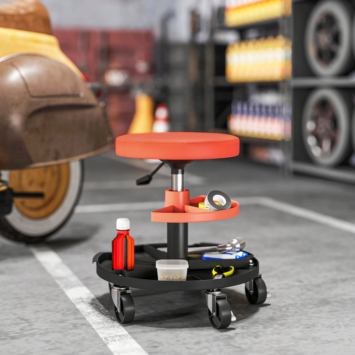 Rolling Garage Stool, 300 LBS Capacity Mechanic Stool with 2.5" Wheels, Tool Trays Storage, Adjustable Height, Orange
