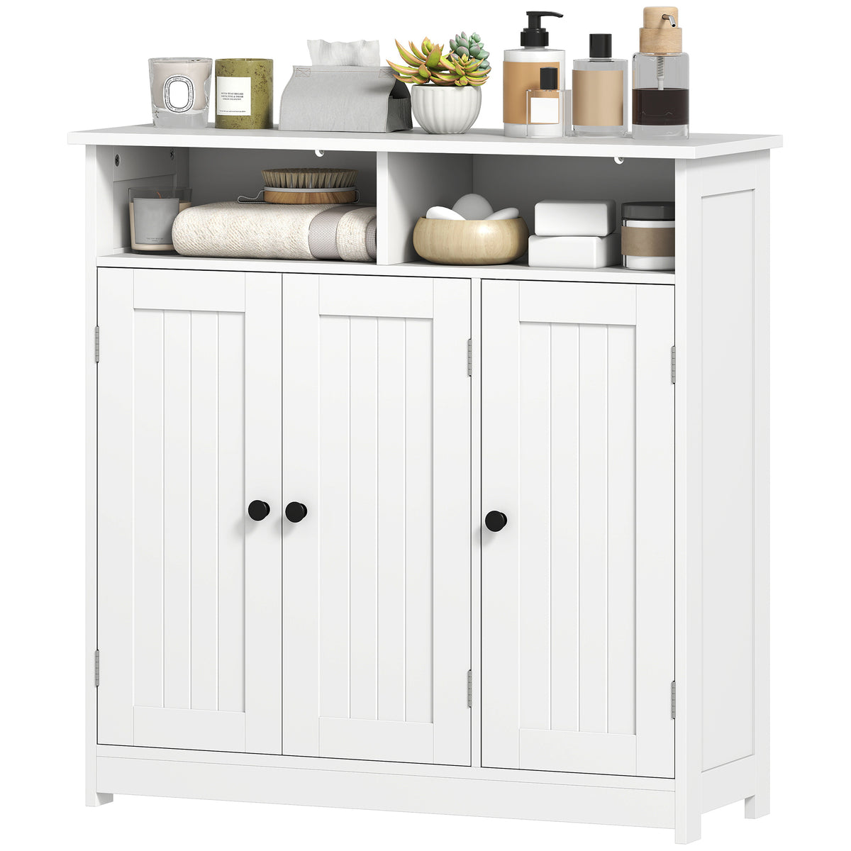 Bathroom Floor Cabinet, Freestanding Bathroom Storage Unit with 3 Doors, 2 Open Shelves and Adjustable Shelf, White