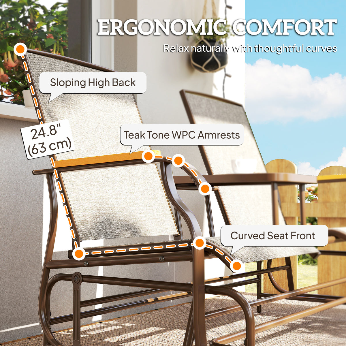 Outdoor 2-Person Glider Bench, Outside Swing Glider Chair Loveseat with Breathable Mesh, Table, Steel Frame