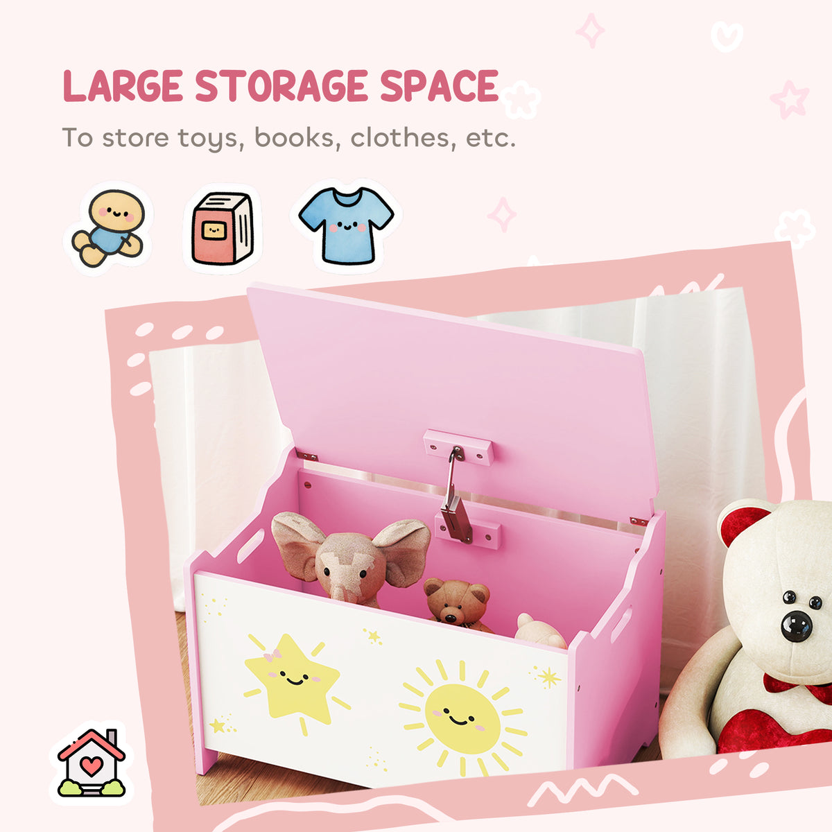 Qaba Toy Chest, Kids Storage Chest with Lid, Safety Hinges and Groove Handles for Boys, Girls, Pink