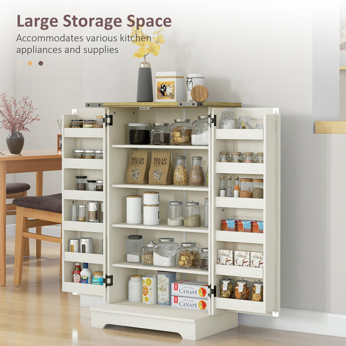Farmhouse Kitchen Pantry Storage Cabinet, Kitchen Pantry Cabinet with Doors and Adjustable Shelves, Cream White