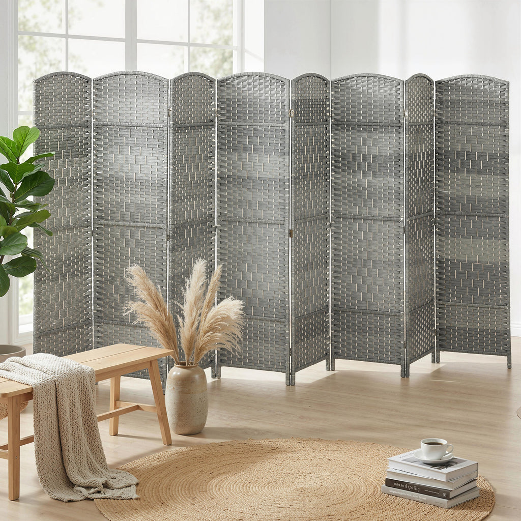 6 Ft Tall Folding Room Divider, 3 Panel Portable Privacy Screen, Hand-Woven Partition Wall Divider, Mixed Grey